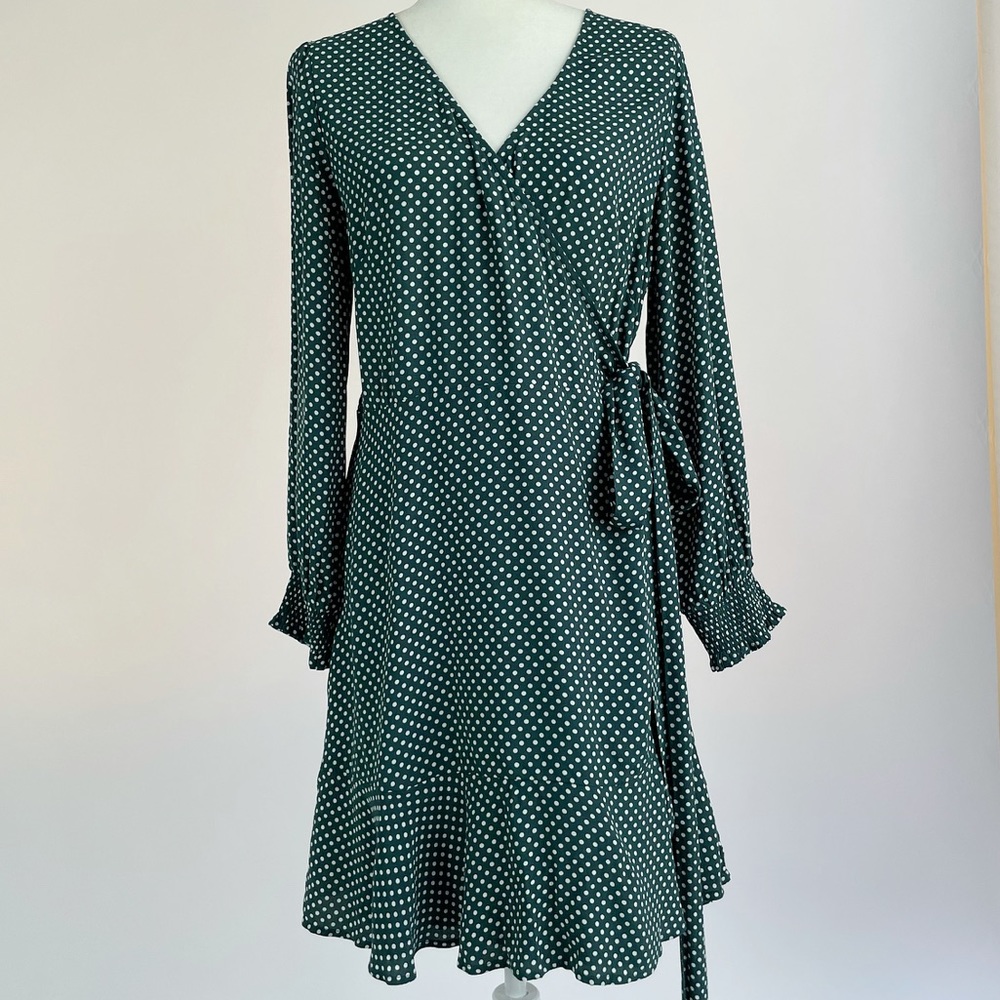 NWT LOFT Green Polka Dot Wrap Mini Dress - Picture 2 of 6
